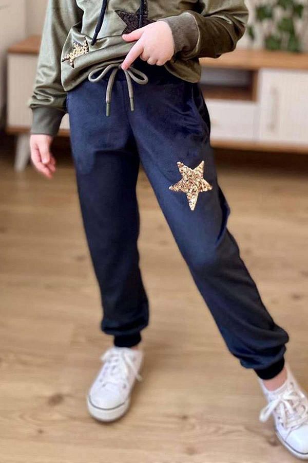Riccotarz Khaki Color Sequin Star Embroidered Velvet Sweatshirt and Sweatpants Set for Girl Trendyol