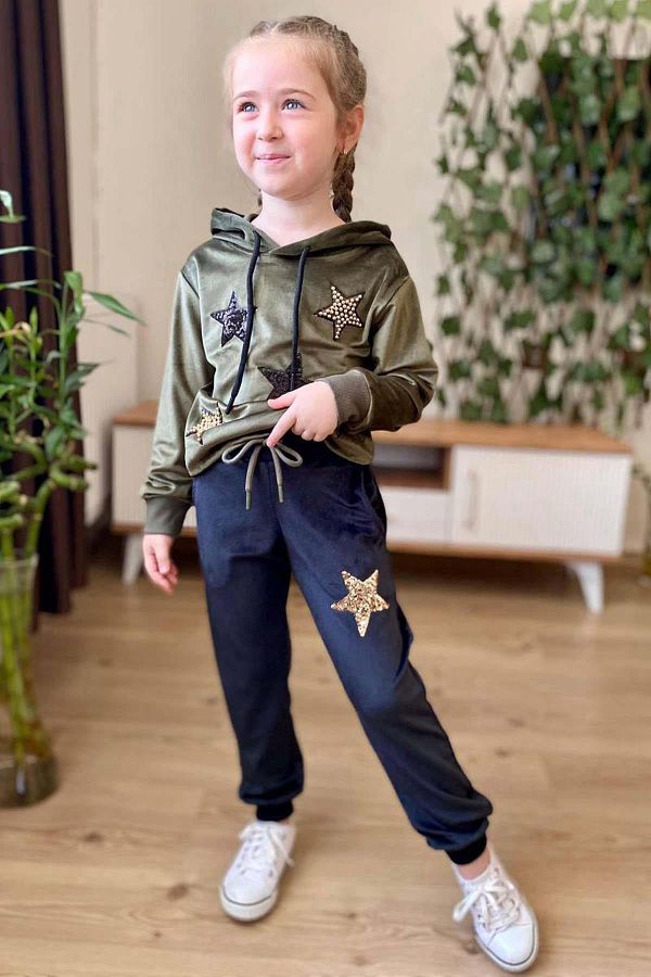 Riccotarz Khaki Color Sequin Star Embroidered Velvet Sweatshirt and Sweatpants Set for Girl Trendyol