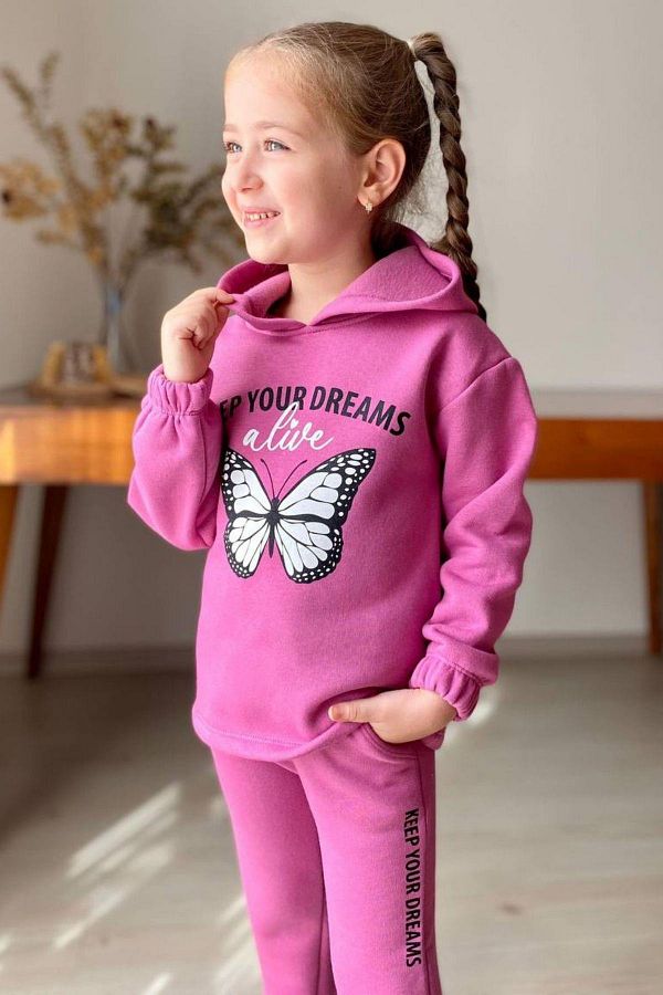 Riccotarz-Girls' Fuchsia Tracksuit Set with Elastic Braces and Butterflies and Lettering Figures 1