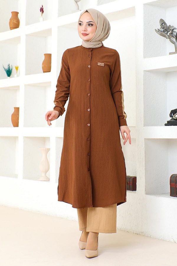 Modamihram-19194 Model Brown Set with Coat of Arms Detail and Buttons 1