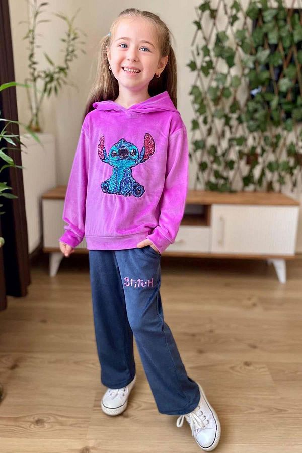 Riccotarz Girl s Stitch Character Printed Sequin Sweatshirt Purple Velvet Tracksuit Set Trendyol
