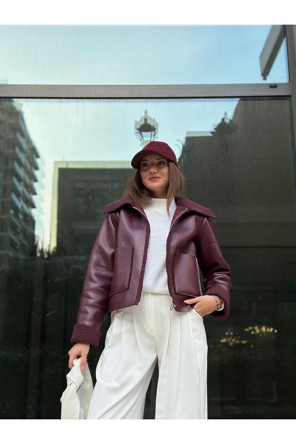 madamedoyou Women s Burgundy Leather Biker Coat with Wool Inside Trendyol