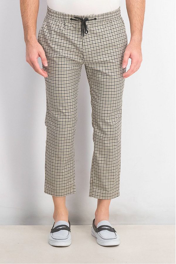TopMan-Men Regular Fit Houndstooth Printed Drawstring Pant, Stone 1