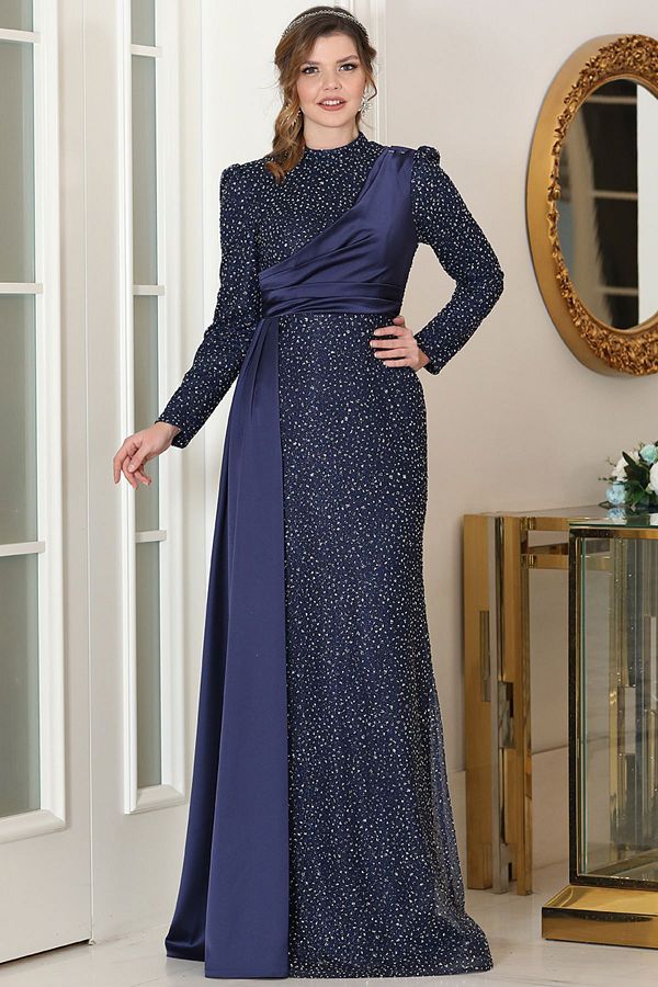 Modest Navy Blue Star Evening Dress Ahu9347