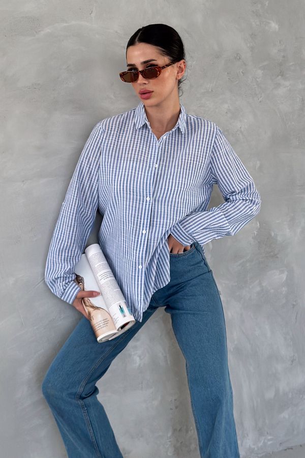 FEMELLE Women's Blue Striped Slim Fit 100% Cotton Shirt