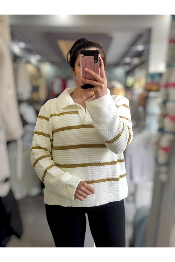 Sublime Butik Women s Polo Neck Thin Striped Thick Sweater Trendyol