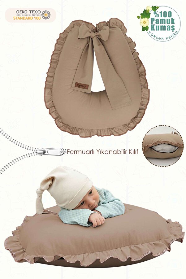 mordesign Fırfırlı Emzirme Yastığı, Bebek Destek Minderi, Hamile Yastığı, Pamuk Kumaş, Ruffle Seri, Kapiçino