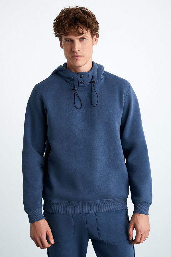 GRIMELANGE-Jorna Men's 3-Thread Raster Soft Snap Collar Regular Hooded Indigo Sweatshirt 1