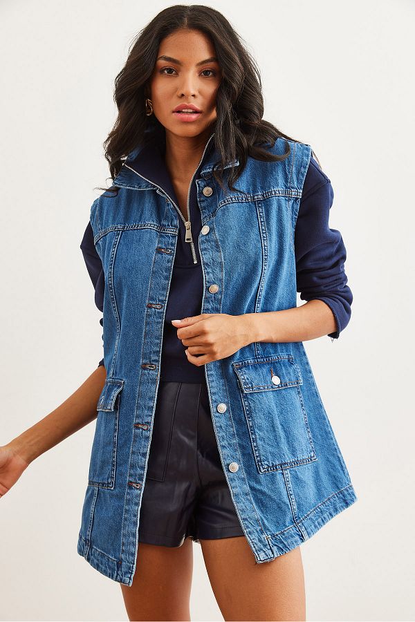 Long denim vest hotsell