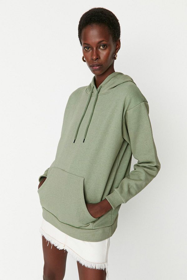 Trendyol Collection Mint Thick Fleece Inside Kangaroo Pocket Hooded Boyfriend Wide Fit Knitted Sweatshirt TWOAW20SW0525 Trendyol