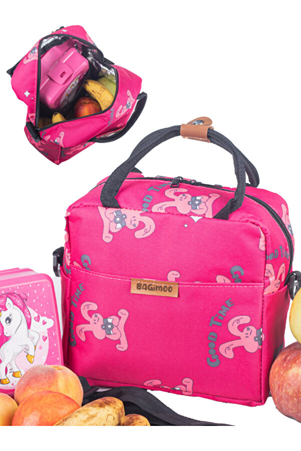 Bagimoo Isı Yalıtımlı Su Geçirmez Termal Çanta Yemek Taşıma Beslenme Çantası Askılı Pembe Tavşan