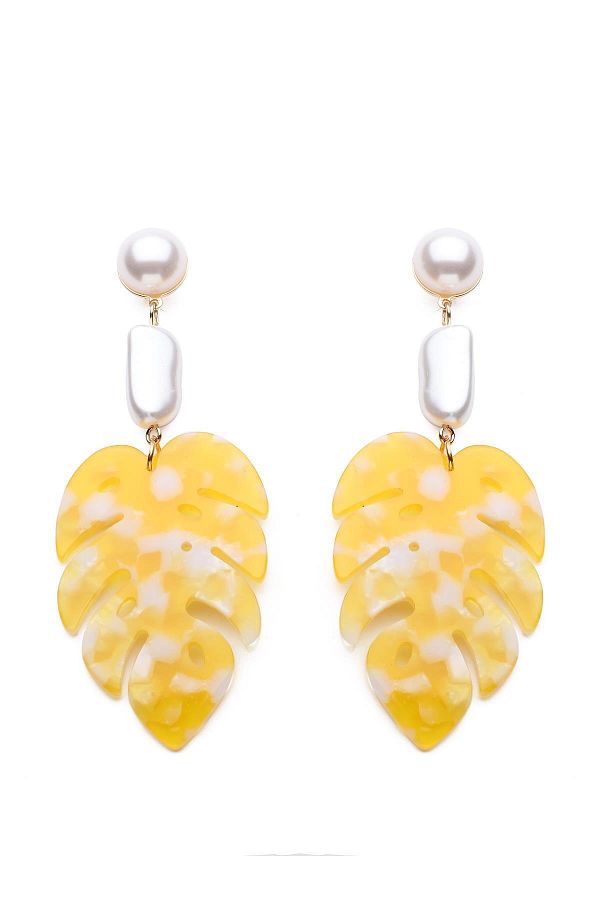Modex-Yellow Leaf Patterned Pearl Earrings 1