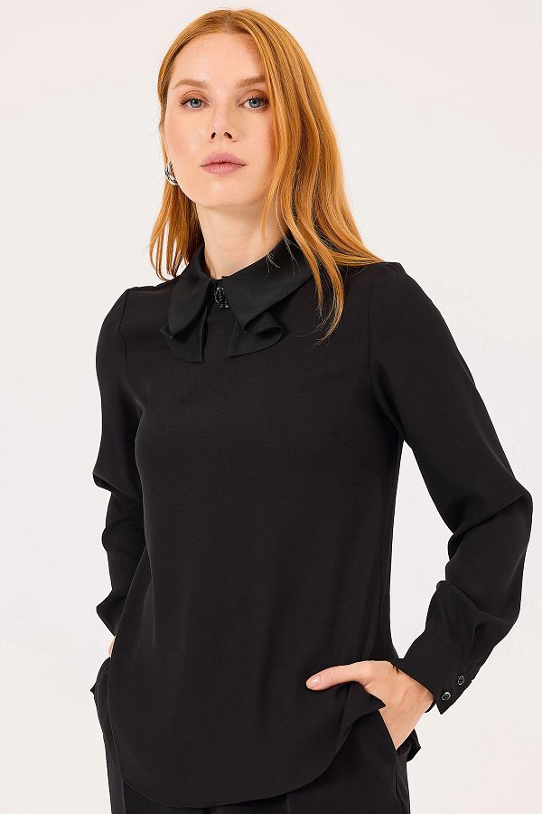 SEC L Secil Women Apos S Black Blouse with Shirt Collar 0019 with Accessories Trendyol