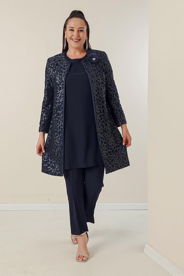 By Saygı-Crepe Blouse with Side Slits, Sleeves and Sequin Lined Jacket and Trousers Plus Size 3-Piece Set 1