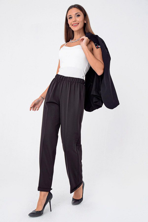 By Saygı-Double Leg Double Fabric Oversize Lycra Trousers with Elastic Waist Pockets 1