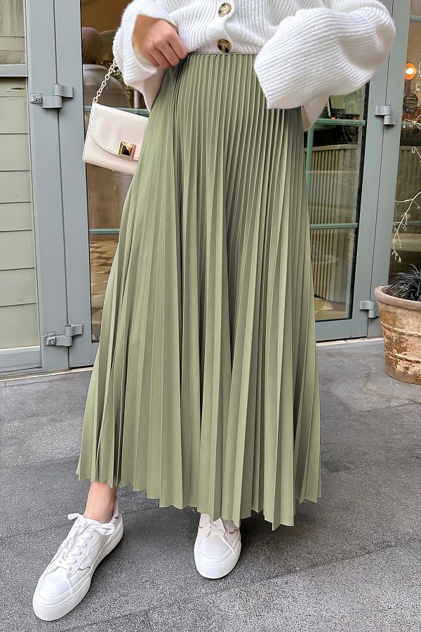 Salih Çelebi-5005 Model Light Khaki Pleated Skirt 1