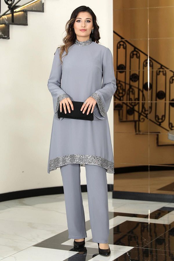 SUBU TASARIM-Gray Chiffon Tunic and Pants Set - Umay Tbselb68 1