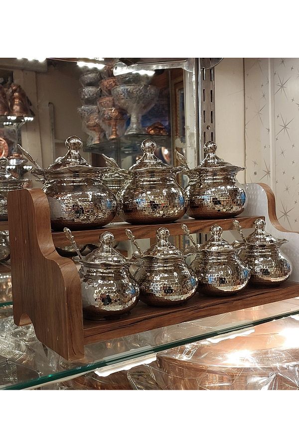 Bakır Center-Copper Spice Rack 7-Piece Spice Rack Set with Spoon Copper Forged Stand Spice Rack Copper Storage Container 1
