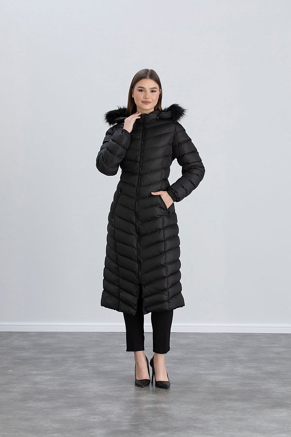 Space Fashion-Palton lung negru puf pentru damă, cu glugă 1