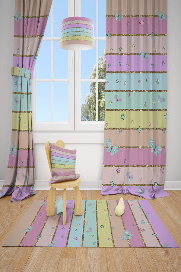 Talia Home Renkli Şerit Desenli Çocuk Ve Bebek Odası Fon Perdesi 2 Kanat Tla-292