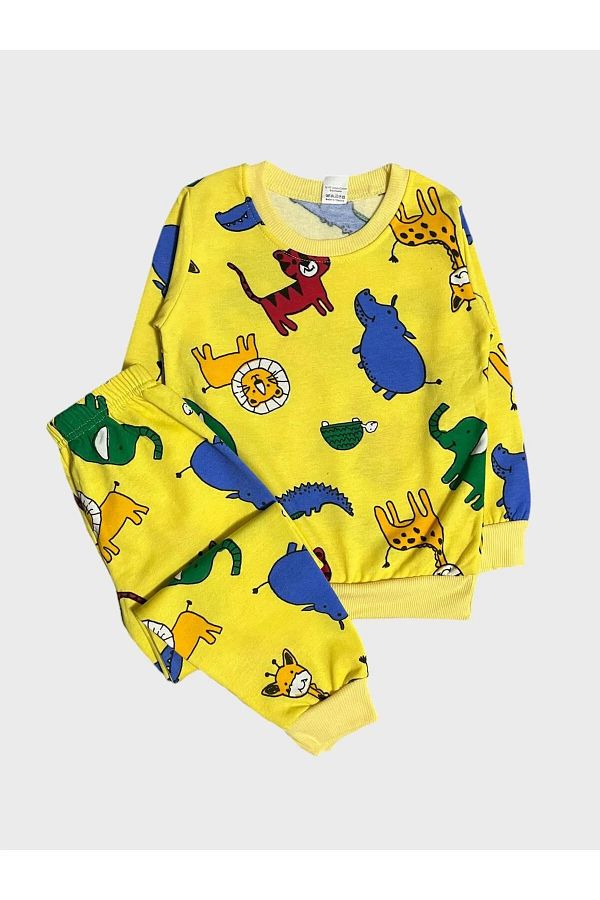 TOFU KİDS-Boy's Cotton Yellow Lion Elephant Zebra Print Long Sleeve Pajamas Set 1