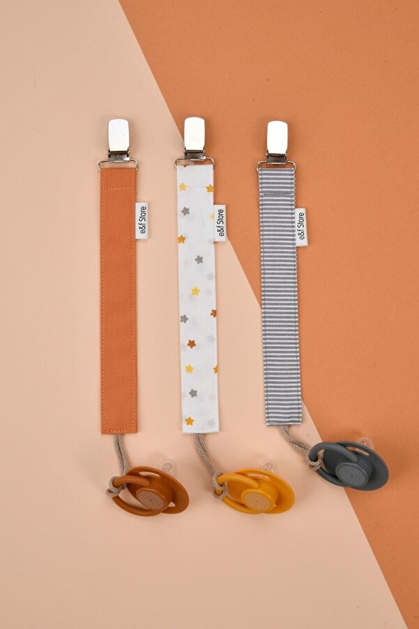 e&f Store Sertifikalı Pamuklu Emzik Askısı - 3'lü Set - Somon, Yıldızlı, Çizgili - Bebek Emzik Zinciri
