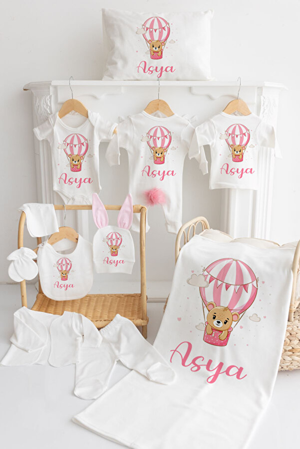 Bebe wini %100 Pamuk Baskılı PONPONLU 11’li İsimli Hastane Çıkışı MN32-BALON PEMBE