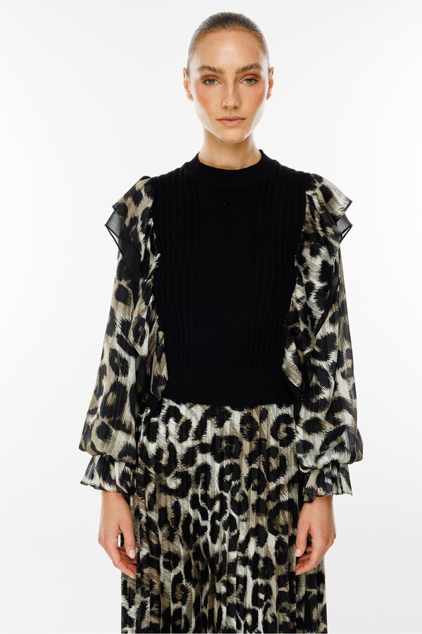 Moda İlgi-Khaki Knitwear Blouse - Chiffon Leopard Print, Fashionable Sleeves 1