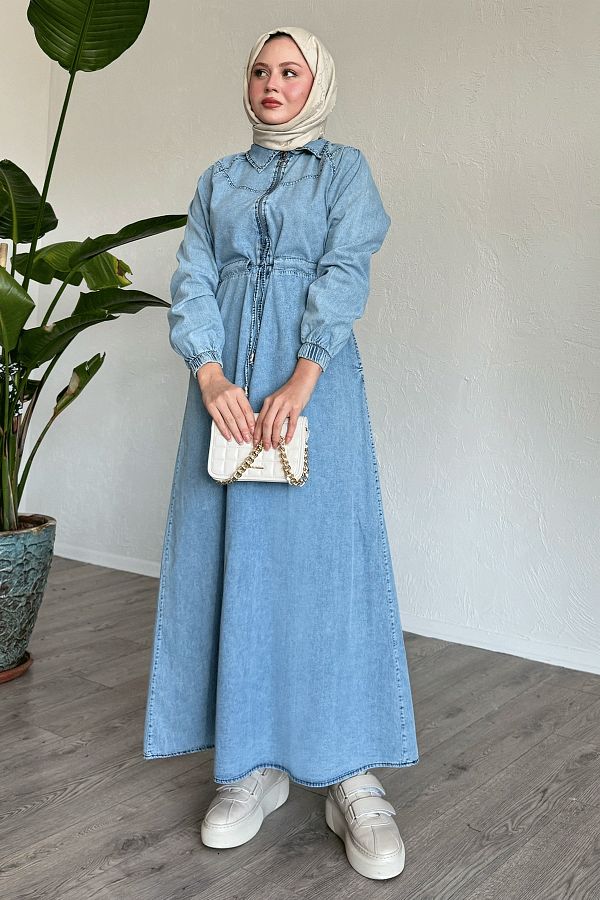 InStyle-Half Zipper Tunnel Belt Blue Denim Dress 1