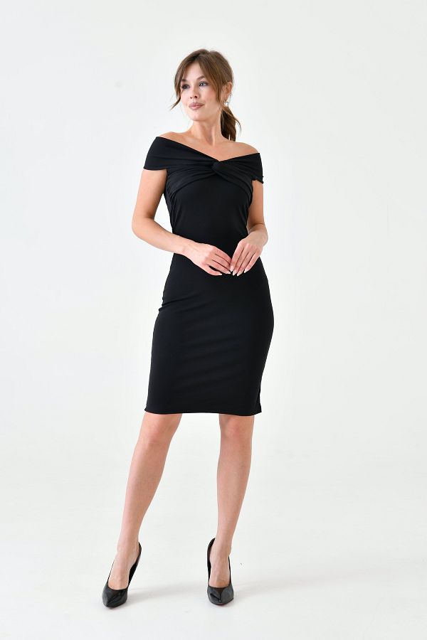 WOMAN VISION-Rochie de damă neagră cu mânecă scurtă din material elastic, lungime midi - 5038 1