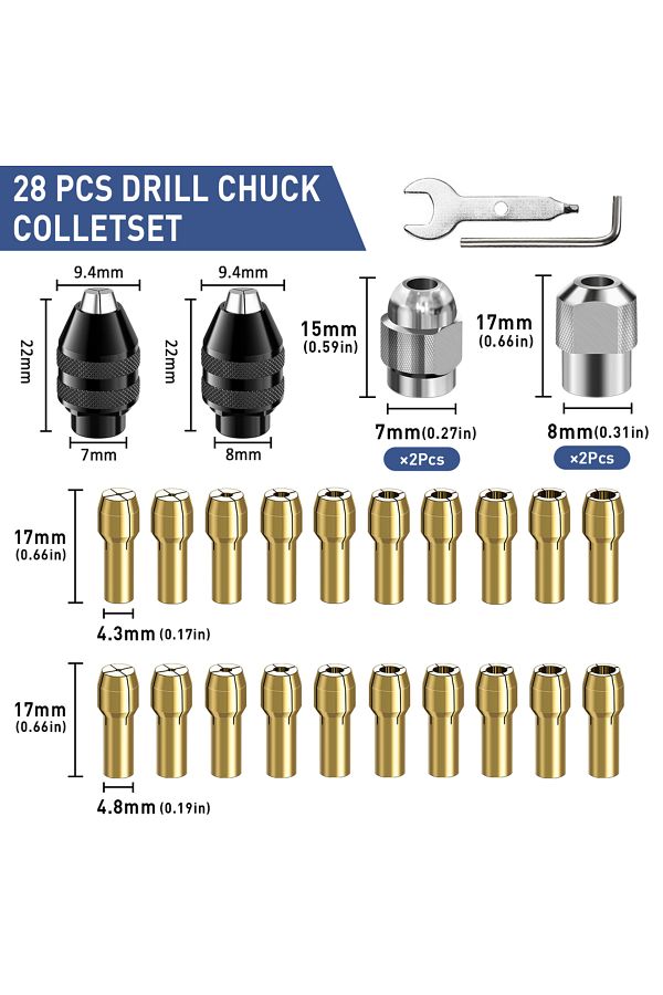 Choice-28pcs 28pcs Drill Chuck Collet Set For Dremel, 1/32" To 1/8" Replacement 4486 Drill Keyless Bit Chuc 1