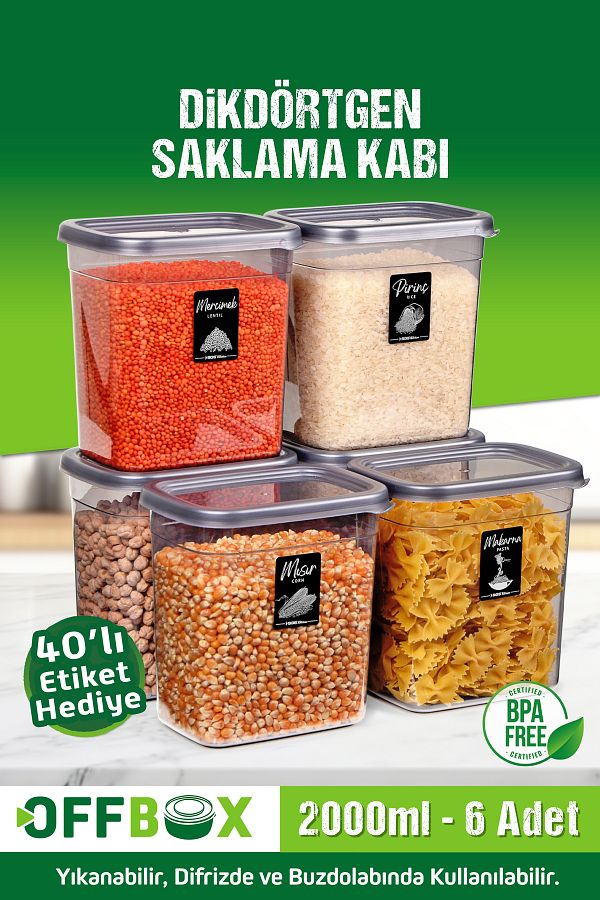 OFFBOX-2 Liter Rectangular Food Pulses Set - 6 Pieces 12 Pieces Spice Rack Storage Container with 40 Labels as a Gift 1