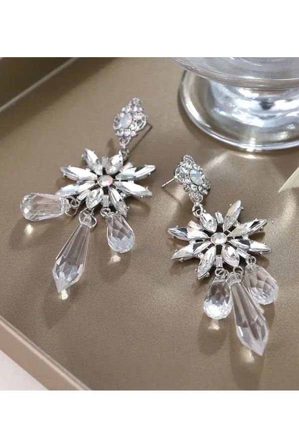 ER TAKI Rhinestone Silver Colorful Large Flamboyant Crystal Flower Model Chic Engagement Henna Wedding Wedding Evening Dress Earrings Trendyol