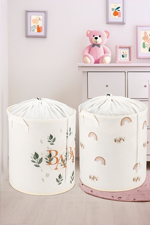 PH Prendi Home Baby Ve Gökkuşağı Tasarımlı 2'Li Çocuk Odası Saklama Kutusu Düzenleyici Oyuncak Kirli Sepeti 32x40