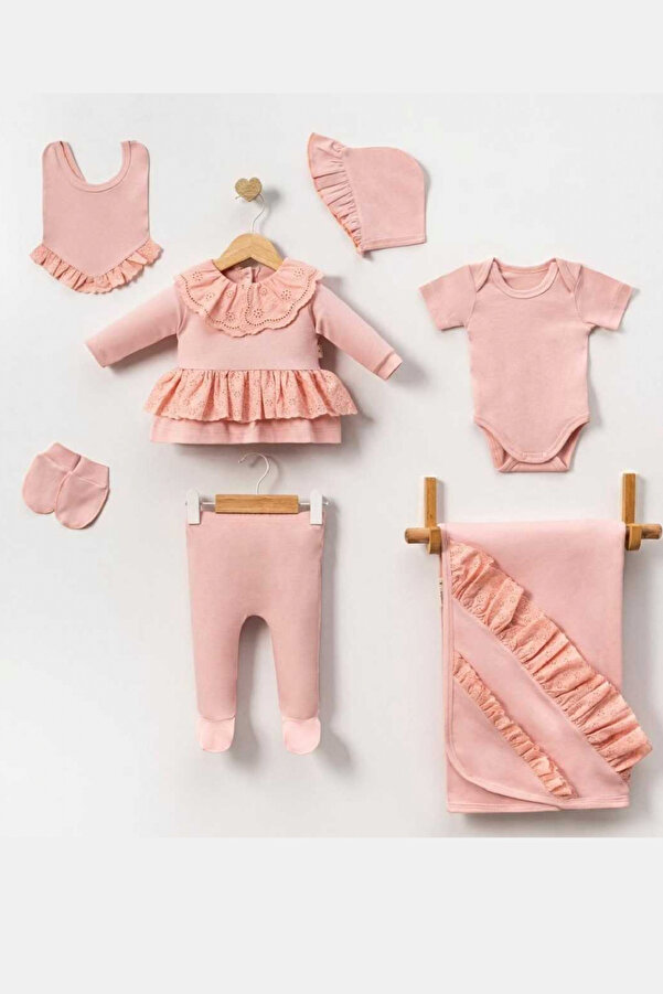 Cherub Baby Elit Bebe Yaka Yenidoğan Kız Bebek 7 Parça Battaniyeli Hastane Çıkışı Zıbın Seti