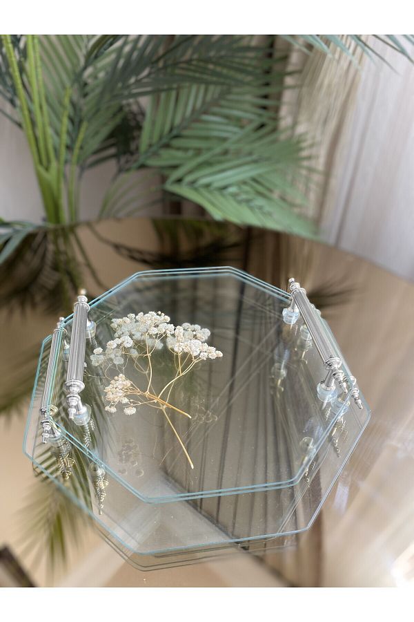 Housess-Set de 2 tăvi de logodnă cu henna - transparente, cu sticlă dublă, cu model de flori, set de tăvi de servire cu mâner argintiu 1