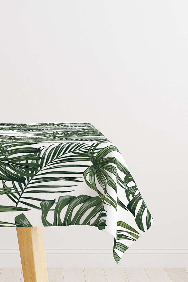 Cango Home-White Green Palm Patterned Digital Printed Tablecloth Otyk784-ms 1
