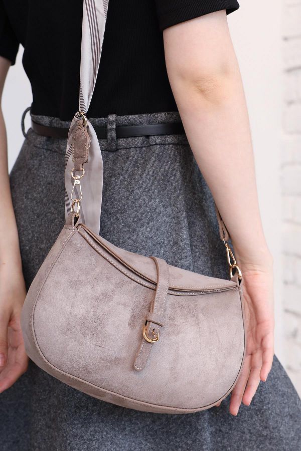 Mopia Jolie Beige Suede Crossbody Bag with Scarf Detail Trendyol