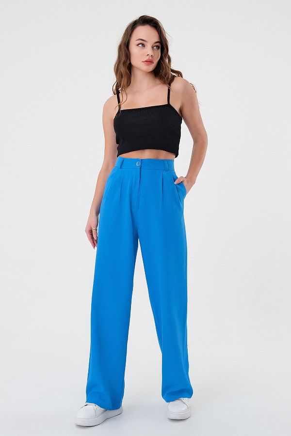 Hazel-Pantaloni Palazzo albastri cu talie înaltă de damă 1