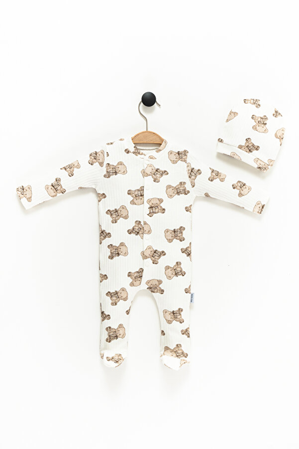 NEU KIDS Yenidoğan Bebek Ayıcık Baskılı Şapkalı Raporlu Uyku Tulumu 2 parça 0-3 ay Hastane Çıkışı %100 Pamuk