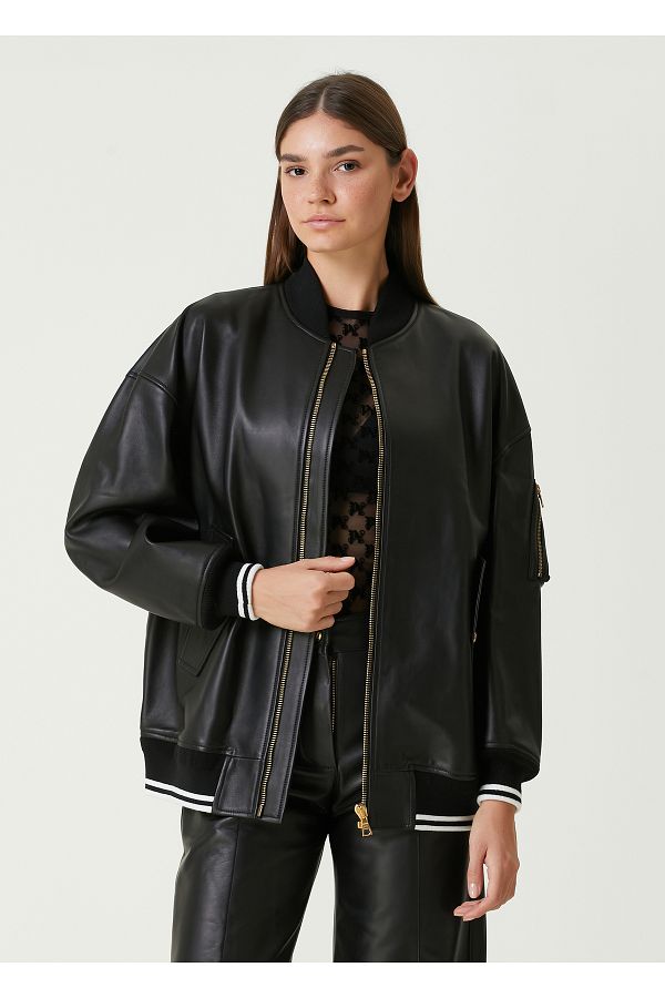Palm Angels-Black Leather Bomber Jacket Size: 36 1