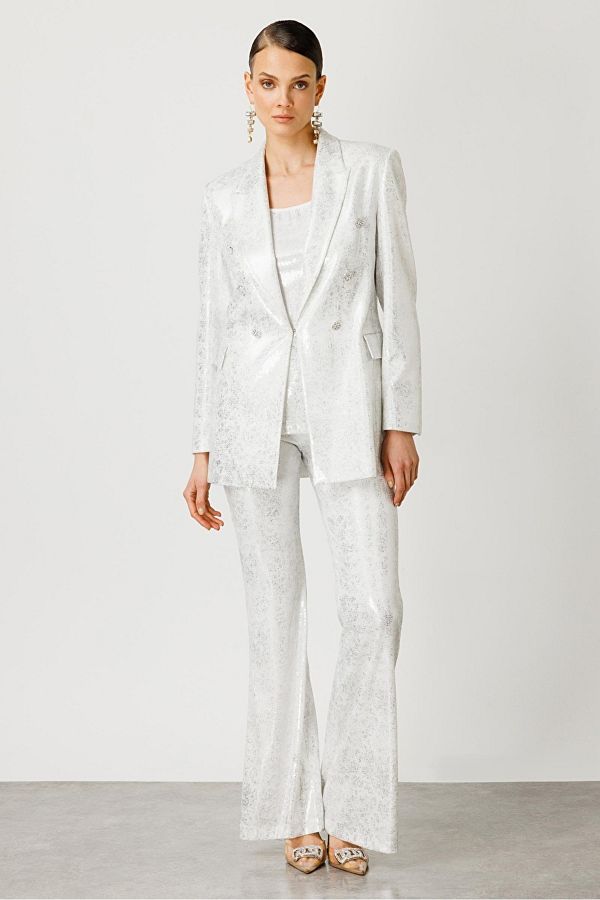 Nefeli-Mono Collar Button Detailed Sequin Jacket Ekru Size: 46 1