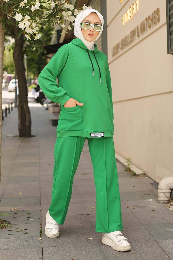 İmajButik-Green Two Thread Hijab Set with Label on the Front 1