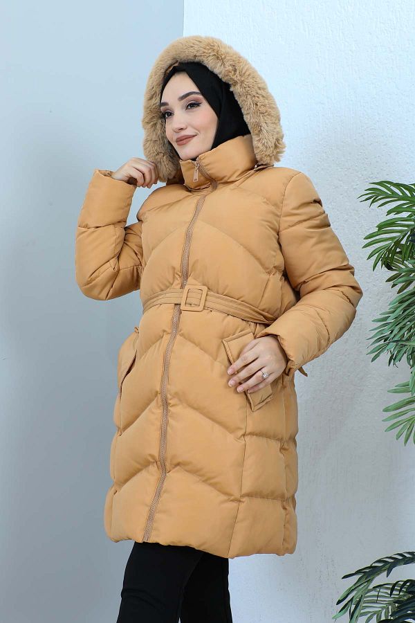 majButik Camel Hooded Puffer Jacket Trendyol