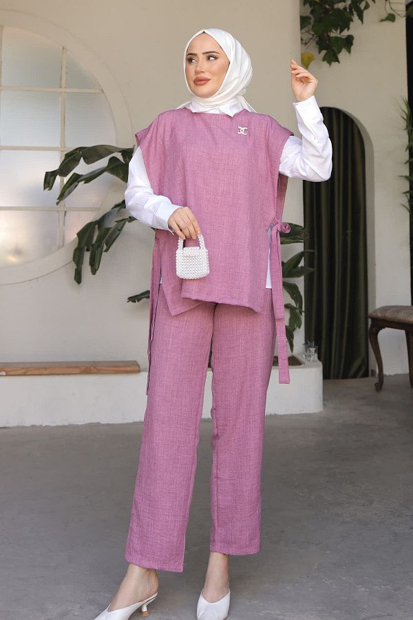 İmajButik-Triple Linen Set with Dried Rose Bronchies and Side Detail 1