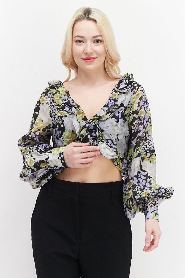 Asos Design-Women Petite V-neck Long Sleeves Floral Pattern Crop Top, Black Combo 1