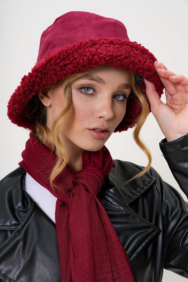 Trend Alaçatı Stili-Damen-Bucket-Mütze aus Wildleder in Burgunderrot mit Perlenstickerei und Plüsch-Außenseite ALC-X13256 1