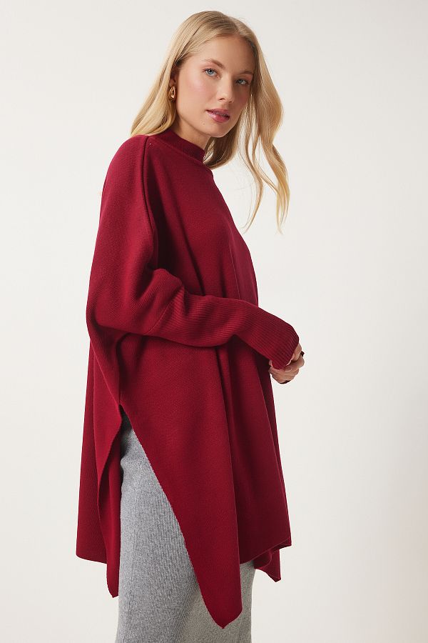 Happiness İstanbul-Burgunderroter Oversize-Ponchopullover mit Seitenschlitz für Damen YY00005 1