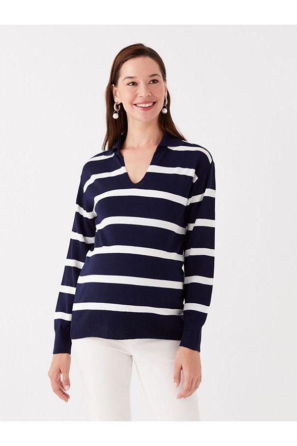 LC Waikiki-LCWAIKIKI Maternity Polo Neck Striped Long Sleeve Maternity Knitwear Sweater 1