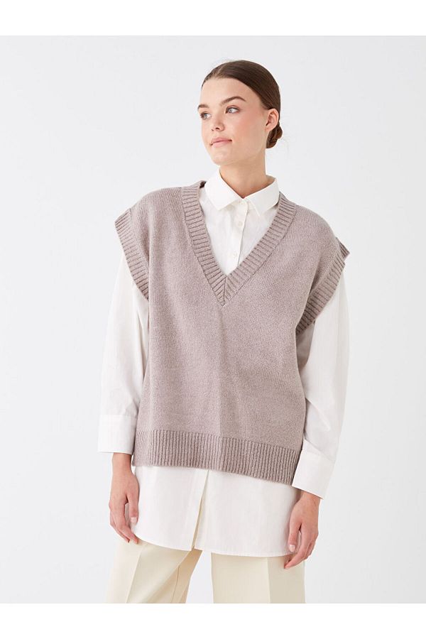 LC Waikiki-LCW Modest Damen-Strickpullover in Übergröße mit V-Ausschnitt 1